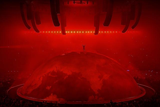 US rapper Ye performs on stage at the GelreDome venue in Arnhem, eastern Netherlands on June 6, 2026. Ye, formarly known as Kanye West, has sparked controversy with statements and songs glorifying Adolf Hitler as well as antisemitic diatribes, which he blamed on his bipolar disorder. The scandal has led to the cancellation of a string of concerts. (Photo by Ramon VAN FLYMEN / ANP / AFP) / Netherlands OUT