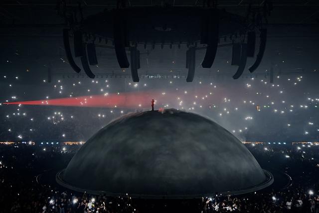 US rapper Ye performs on stage at the GelreDome venue in Arnhem, eastern Netherlands on June 6, 2026. Ye, formarly known as Kanye West, has sparked controversy with statements and songs glorifying Adolf Hitler as well as antisemitic diatribes, which he blamed on his bipolar disorder. The scandal has led to the cancellation of a string of concerts. (Photo by Ramon VAN FLYMEN / ANP / AFP) / Netherlands OUT