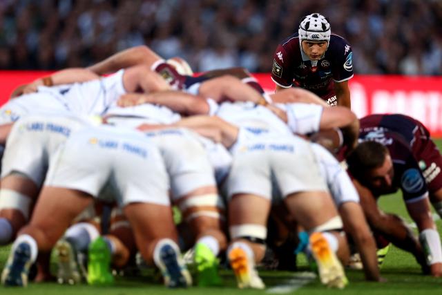 Bordeaux' French wing Louis Bielle Barrey looks on behind a scrum during the French Top14 rugby union match between Union Bordeaux-Begles (UBB) and ASM Clermont Auvergne at the Chaban-Delmas Stadium in Bordeaux, south-western France on June 6, 2026. (Photo by ROMAIN PERROCHEAU / AFP)