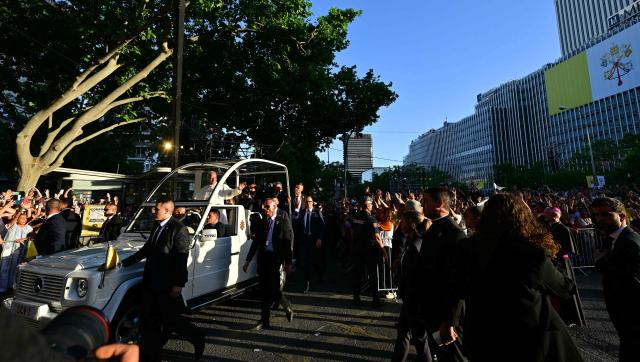 Pope Leo XIV arrives to lead a prayer vigil with young people in the Plaza de Lima in Madrid on June 6, 2026. Pope Leo XIV is visiting Spain June 6-12 with stops in Madrid, Barcelona, and the Canary Islands, where he will meet with migrants and organisations dedicated to helping them. (Photo by Stefano RELLANDINI / AFP)