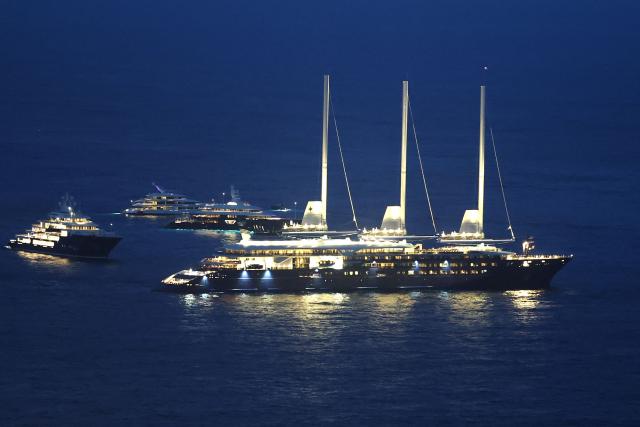 This photograph shows the Orient Express Corinthian, the world's largest sailing yacht at sea off the coast of Monaco on June 6, 2026, ahead of the Formula One Monaco Grand Prix. (Photo by Valery HACHE / AFP)