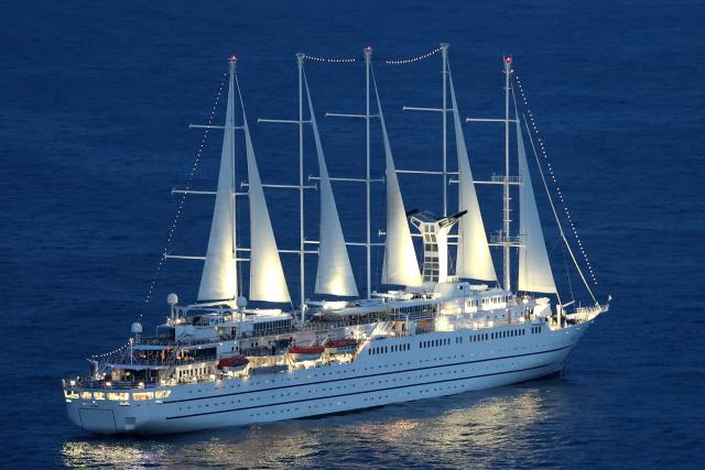 This photograph shows sailing ship Club Med II at sea off the coast of Monaco on June 6, 2026, ahead of the Formula One Monaco Grand Prix. (Photo by Valery HACHE / AFP)