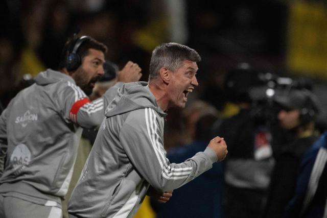 La Rochelle's head coach's Ronan O'Gara reacts during the French Top14 rugby union match between Stade Rochelais (La Rochelle) and Stade Francais Paris at The Marcel-Deflandre Stadium in La Rochelle, western France on June 6, 2026. (Photo by XAVIER LEOTY / AFP)