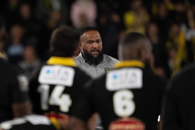 La Rochelle's French prop Uini Atonio looks on during the French Top14 rugby union match between Stade Rochelais (La Rochelle) and Stade Francais Paris at The Marcel-Deflandre Stadium in La Rochelle, western France on June 6, 2026. (Photo by XAVIER LEOTY / AFP)
