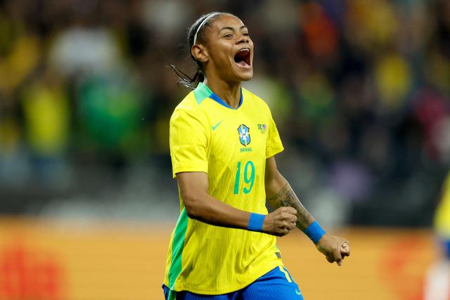 Brazil's forward #19 Taina Maranhao celebrates after scoring during the international women's friendly football match between Brazil and the United States at the Neo Quimica Arena in Sao Paulo, Brazil, on June 6, 2026, ahead of the 2027 FIFA Women's World Cup. (Photo by Miguel SCHINCARIOL / AFP)