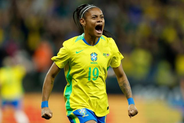 Brazil's forward #19 Taina Maranhao celebrates after scoring during the international women's friendly football match between Brazil and the United States at the Neo Quimica Arena in Sao Paulo, Brazil, on June 6, 2026, ahead of the 2027 FIFA Women's World Cup. (Photo by Miguel SCHINCARIOL / AFP)