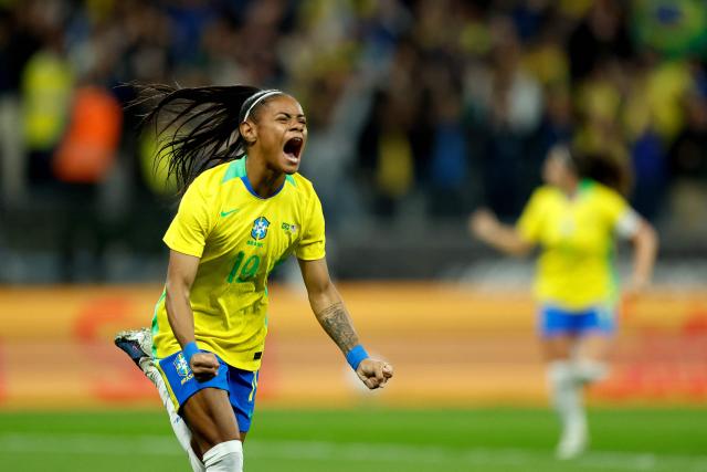 Brazil's forward #19 Taina Maranhao celebrates after scoring during the international women's friendly football match between Brazil and the United States at the Neo Quimica Arena in Sao Paulo, Brazil, on June 6, 2026, ahead of the 2027 FIFA Women's World Cup. (Photo by Miguel SCHINCARIOL / AFP)