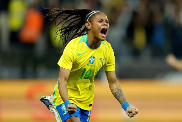 Brazil's forward #19 Taina Maranhao celebrates after scoring during the international women's friendly football match between Brazil and the United States at the Neo Quimica Arena in Sao Paulo, Brazil, on June 6, 2026, ahead of the 2027 FIFA Women's World Cup. (Photo by Miguel SCHINCARIOL / AFP)