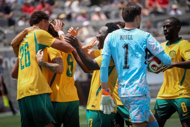 Australia celerates after scoring a goal in the second half against Switzerland during the international friendly football match between Switzerland and Australia at Snapdragon Stadium in San Diego, California, on June 6, 2026. (Photo by SANDY HUFFAKER / AFP)