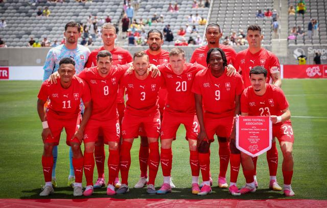 The Swiss national team poses for a photo ahead of the international friendly football match between Switzerland and Australia at Snapdragon Stadium in San Diego, California on June 6, 2026. (Photo by SANDY HUFFAKER / AFP)