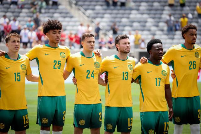 Members of Australia's national team sing their national anthem before the international friendly football match between Switzerland and Australia at Snapdragon Stadium in San Diego, California, on June 6, 2026. (Photo by SANDY HUFFAKER / AFP)