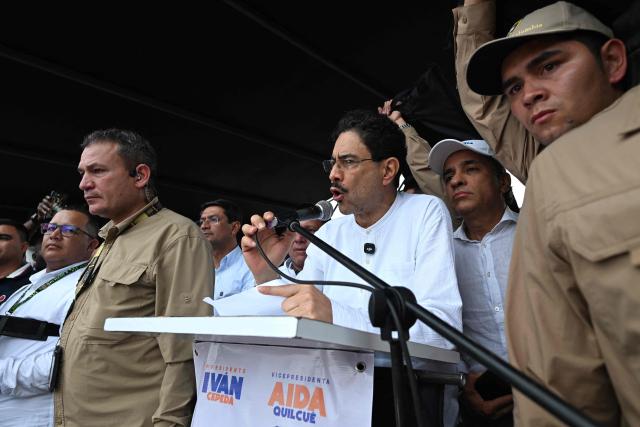 Colombia's presidential candidate for the Pacto Historico party, Ivan Cepeda, speaks during a campaign rally in Cali, Colombia on June 6, 2026. Colombia will hold the runoff presidential election on June 21. (Photo by Joaquin SARMIENTO / AFP)