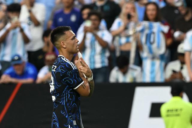 Argentina's forward #22 Lautaro Martinez celebrates after scoring a goal during the international friendly football match between Argentina and Honduras at Kyle Field in College Station, Texas on June 6, 2026. (Photo by RONALDO SCHEMIDT / AFP)