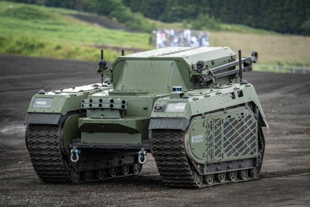 An unmanned ground vehicle developed by Milrem Robotics is seen during a live fire exercise at East Fuji Maneuver Area in Gotemba on June 7, 2026. (Photo by Yuichi YAMAZAKI / AFP)
