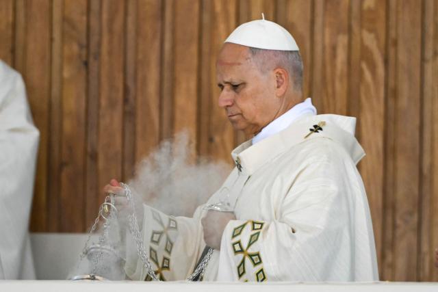 Pope Leo XIV leads the Holy Mass in the Plaza de Cibeles in Madrid on June 7, 2026. Pope Leo XIV is visiting Spain June 6-12 with stops in Madrid, Barcelona, and the Canary Islands, where he will meet with migrants and organisations dedicated to helping them. (Photo by Javier SORIANO / AFP)