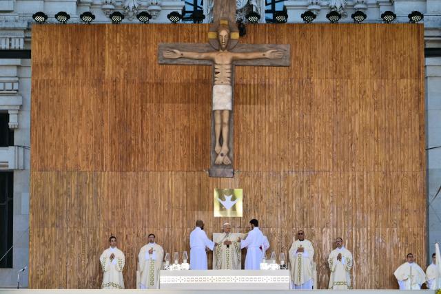 Pope Leo XIV leads the Holy Mass in the Plaza de Cibeles in Madrid on June 7, 2026. Pope Leo XIV is visiting Spain June 6-12 with stops in Madrid, Barcelona, and the Canary Islands, where he will meet with migrants and organisations dedicated to helping them. (Photo by Stefano RELLANDINI / AFP)