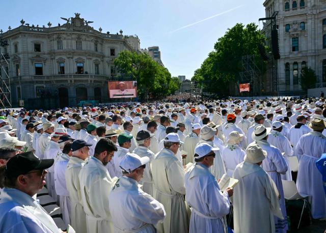 Priests attend the Holy Mass lead by Pope Leo XIV in the Plaza de Cibeles in Madrid on June 7, 2026. Pope Leo XIV is visiting Spain June 6-12 with stops in Madrid, Barcelona, and the Canary Islands, where he will meet with migrants and organisations dedicated to helping them. (Photo by Stefano RELLANDINI / AFP)