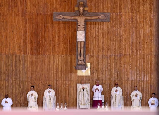 Pope Leo XIV leads the Holy Mass in the Plaza de Cibeles in Madrid on June 7, 2026. Pope Leo XIV is visiting Spain June 6-12 with stops in Madrid, Barcelona, and the Canary Islands, where he will meet with migrants and organisations dedicated to helping them. (Photo by Oscar DEL POZO / AFP)