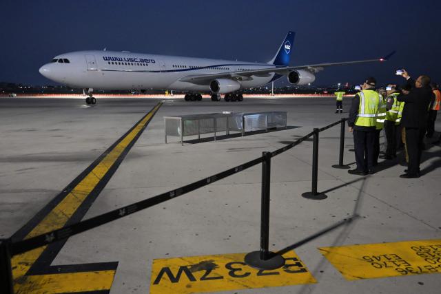 The plane carrying Iran's football team players lands at the Tijuana International Airport in Tijuana, Mexico on June 7, 2026, ahead of the FIFA 2026 World Cup football tournament. (Photo by Guillermo Arias / AFP)