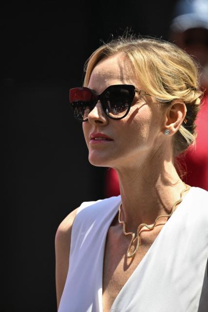 Princess Charlene of Monaco reacts as she arrives to attend the Monaco Formula 1 Grand Prix at the Monaco street circuit in Monaco, ahead of the, on June 7, 2026. (Photo by Andrej ISAKOVIC / AFP)