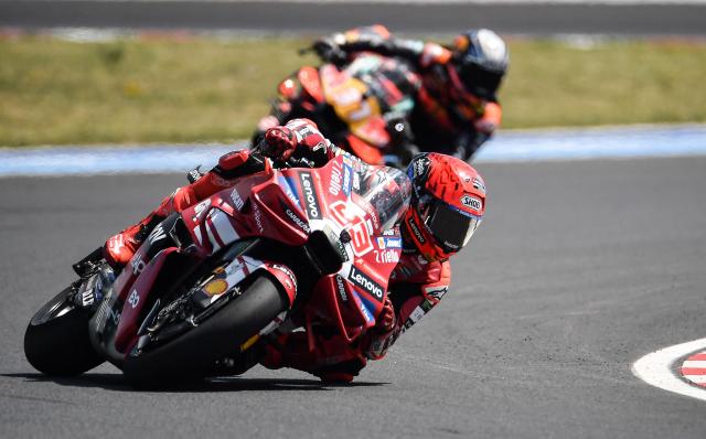 Team Ducati Lenovo Team's Marc Marquez competes during the Hungarian Motorcycle MotoGP Grand Prix at the Balaton Park circuit in Balatonfokajar, Hungary, on June 7, 2026. (Photo by Ferenc ISZA / AFP)