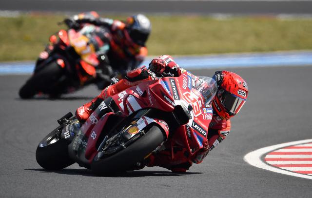 Team Ducati Lenovo Team's Marc Marquez competes during the Hungarian Motorcycle MotoGP Grand Prix at the Balaton Park circuit in Balatonfokajar, Hungary, on June 7, 2026. (Photo by Ferenc ISZA / AFP)
