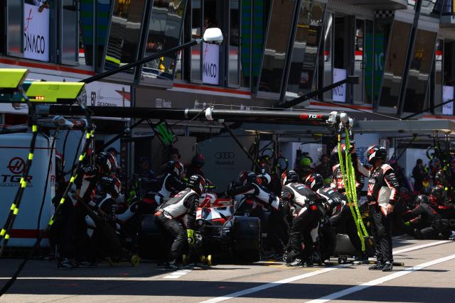 Haas F1 Team's British driver Oliver Bearman makes a pit stop  before withdrawing from the race during Monaco Formula 1 Grand Prix at the Monaco street circuit in Monaco, ahead of the, on June 7, 2026. (Photo by Yves Herman / POOL / AFP)