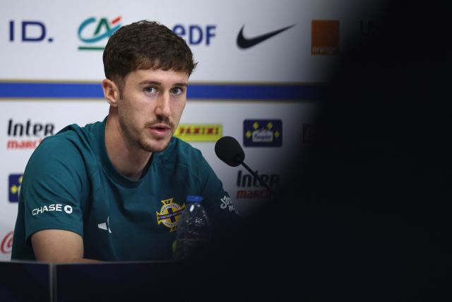 Northern Ireland's defender Trai Hume delivers a press conference on the eve of the friendly football match between France and Northern Ireland ahead of the 2026 FIFA World Cup football tournament, at Stade Pierre-Mauroy in Villeneuve-d'Ascq, northern France, on June 7, 2026. (Photo by SIMON WOHLFAHRT / AFP)