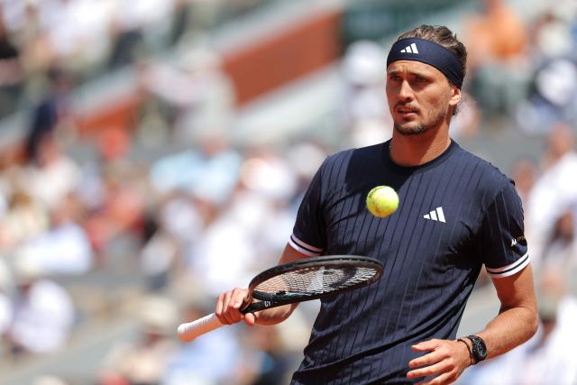 Germany's Alexander Zverev controls the ball ahead of his men's final singles match against Italy's Flavio Cobolli on day 15 of the French Open tennis tournament on Court Philippe-Chatrier at the Roland-Garros Complex in Paris on June 7, 2026. (Photo by Thomas SAMSON / AFP)