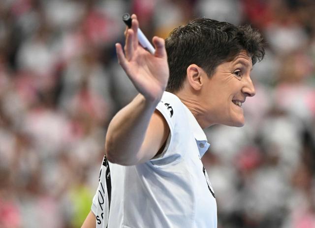 Brest Bretagne's French head coach Raphaelle Tervel reacts during the EHF Women's Handball Champions League third place match between Brest Bretagne Handball and CSM Bucuresti in Budapest on June 7, 2026. (Photo by Attila KISBENEDEK / AFP)