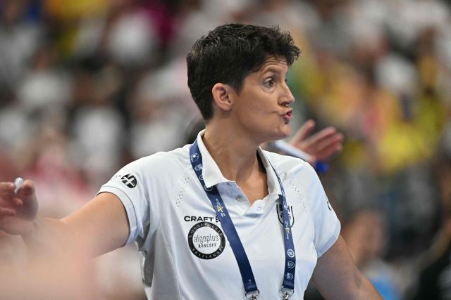 Brest Bretagne's French head coach Raphaelle Tervel reacts during the EHF Women's Handball Champions League third place match between Brest Bretagne Handball and CSM Bucuresti in Budapest on June 7, 2026. (Photo by Attila KISBENEDEK / AFP)