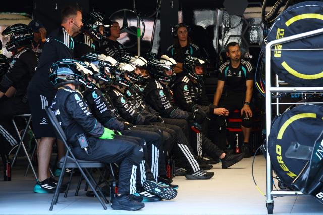 The Mercedes mechanical team watches from the pitt the Monaco Formula 1 Grand Prix at the Monaco street circuit in Monaco, ahead of the, on June 7, 2026. (Photo by Yves Herman / POOL / AFP)