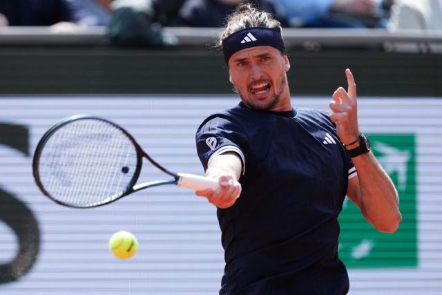 Germany's Alexander Zverev plays a forehand return to Italy's Flavio Cobolli during their mens final singles match on day 15 of the French Open tennis tournament on Court Philippe-Chatrier at the Roland-Garros Complex in Paris on June 7, 2026. (Photo by Dimitar DILKOFF / AFP)