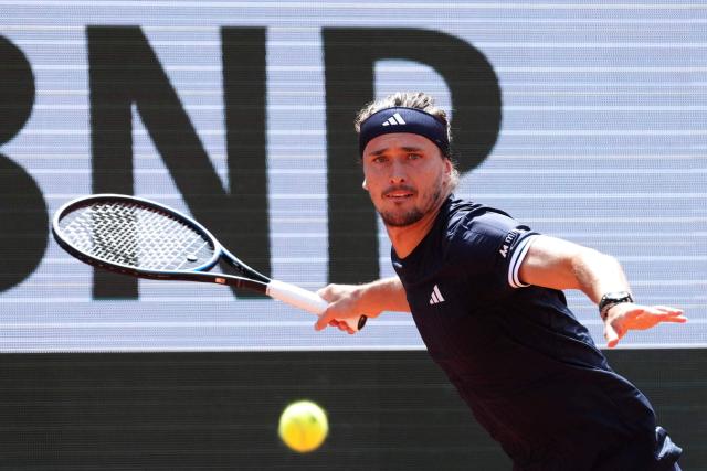 Germany's Alexander Zverev plays a forehand return to Italy's Flavio Cobolli during their mens final singles match on day 15 of the French Open tennis tournament on Court Philippe-Chatrier at the Roland-Garros Complex in Paris on June 7, 2026. (Photo by Dimitar DILKOFF / AFP)