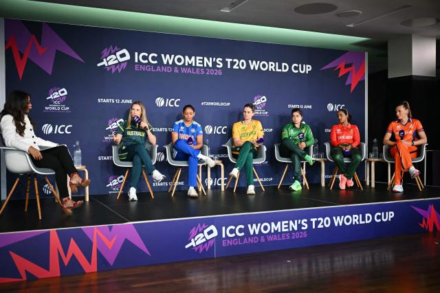 (2nd L to R) Australia’s Sophie Molineux, India’s Harmanpreet Kaur, South Africa’s Laura Wolvaardt, Pakistan’s Fatima Sana, Bangladesh's Nigar Sultana and Netherlands’ Babette de Leede take the stage as part of The Captains' Carnival, the activation event for the ICC Women's T20 cricket world cup 2026, in central London on June 7, 2026. (Photo by JUSTIN TALLIS / AFP)