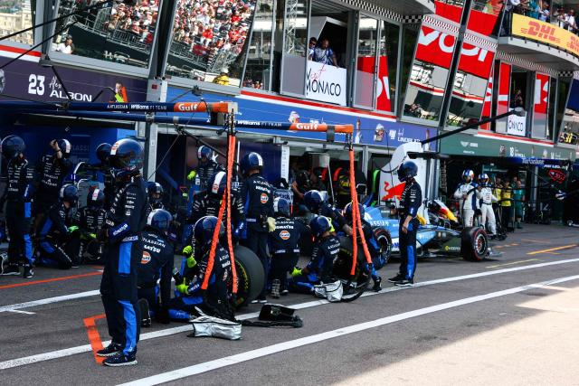 Williams' Thai driver Alexander Albon makes a pit stop  during Monaco Formula 1 Grand Prix at the Monaco street circuit in Monaco, ahead of the, on June 7, 2026. (Photo by Yves Herman / POOL / AFP)
