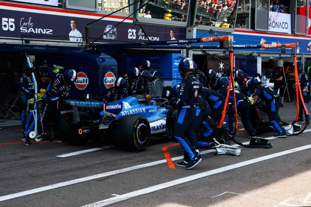 Williams' Thai driver Alexander Albon makes a pit stop  during Monaco Formula 1 Grand Prix at the Monaco street circuit in Monaco, ahead of the, on June 7, 2026. (Photo by Yves Herman / POOL / AFP)