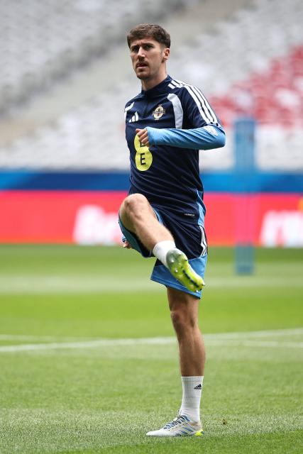 Northern Ireland's defender Trai Hume takes part in a training session on the eve of the friendly football match between France and Northern Ireland ahead of the 2026 FIFA World Cup football tournament, at Stade Pierre-Mauroy in Villeneuve-d'Ascq, northern France, on June 7, 2026. (Photo by SIMON WOHLFAHRT / AFP)
