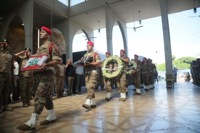 Lebanese army soldiers carry the coffin of Brigadier General Wissam Sabra, who was killed in an Israeli strike, during his funeral in Beirut on June 7, 2026. An Israeli strike in southern Lebanon killed three soldiers, Beirut's military said on June 6, as its chief travelled to Pakistan to meet with a key mediator in efforts to end the Middle East war. (Photo by ibrahim AMRO / AFP)