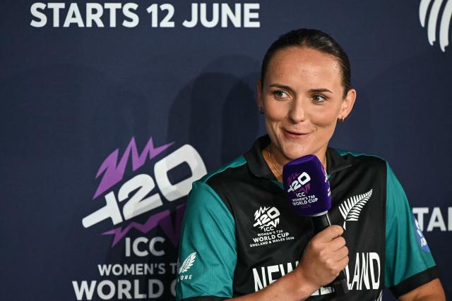 New Zealand’s Melie Kerr speaks as part of The Captains' Carnival, the activation event for the ICC Women's T20 cricket world cup 2026, in central London on June 7, 2026. (Photo by JUSTIN TALLIS / AFP)