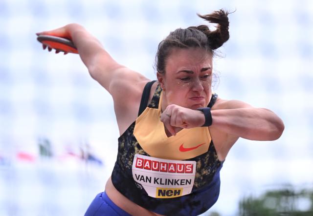 Netherlands' Jorinde van Klinken competes in the Women's Discus Throw event of the Stockholm Diamond League athletics meeting in Stockholm, Sweden, on June 7, 2026. (Photo by Jonathan Nackstrand / AFP)