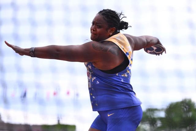 USA's Laulauga Tausaga competes in the Women's Discus Throw event of the Stockholm Diamond League athletics meeting in Stockholm, Sweden, on June 7, 2026. (Photo by Jonathan Nackstrand / AFP)