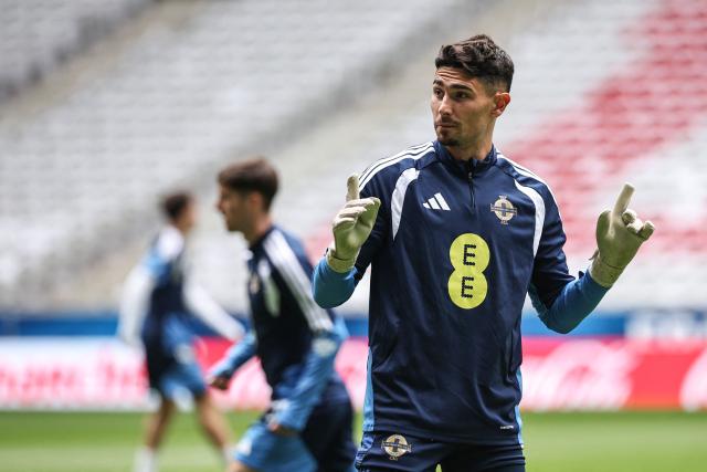 Northern Ireland's goalkeeper Luke Southwood takes part in a training session on the eve of the friendly football match between France and Northern Ireland ahead of the 2026 FIFA World Cup football tournament, at Stade Pierre-Mauroy in Villeneuve-d'Ascq, northern France, on June 7, 2026. (Photo by SIMON WOHLFAHRT / AFP)
