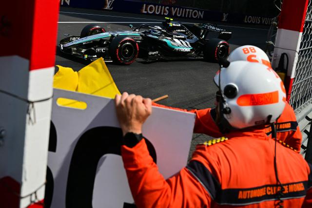 Mercedes' Italian driver Kimi Antonelli follows the safety car during Monaco Formula 1 Grand Prix at the Monaco street circuit in Monaco, ahead of the, on June 7, 2026. (Photo by Andrej ISAKOVIC / AFP)