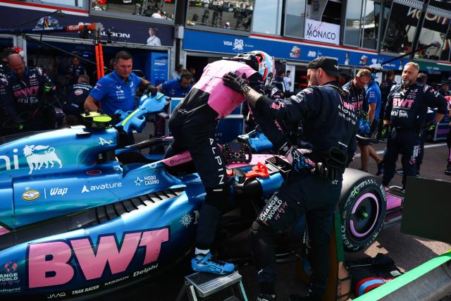 Alpine's Argentinian driver Franco Colapinto makes a pit stop as part of a break in the race during Monaco Formula 1 Grand Prix at the Monaco street circuit in Monaco, ahead of the, on June 7, 2026. (Photo by Yves Herman / POOL / AFP)
