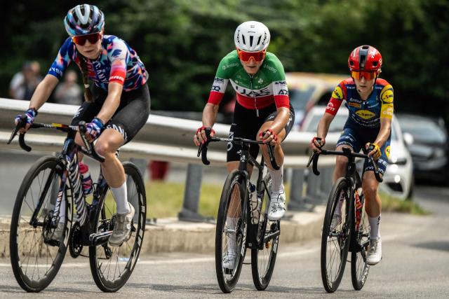 UAE Italian rider Elisa Longo Borghini (C), Lidl Trek Canadian rider Isabella Holmgren (R) and Canyon SRAM German rider Antonia Niedermaier ride during the 9th stage of the Giro d'Italia Women 2026 - Tour of Italy Women cycling race between Saluzzo and Saluzzo, Italy, on June 7, 2026. (Photo by MARCO BERTORELLO / AFP)