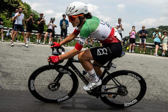 UAE Team ADQ's Italian cyclist Elisa Longo Borghini rides in the breakaway during the 9th stage of the Giro d'Italia Women 2026 between Saluzzo and Saluzzo in Saluzzo on June 7, 2026. (Photo by MARCO BERTORELLO / AFP)