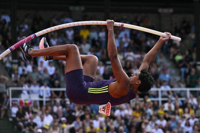France's Baptiste Thiery competes in the Men's Pole Vault event of the IAAF Stockholm Diamond League athletics meeting in Stockholm, Sweden, on June 7, 2026. (Photo by Jonathan Nackstrand / AFP)