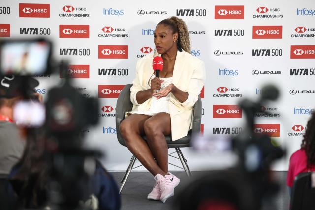 US player Serena Williams holds a press conference on the eve of the HSBC WTA tennis Championships at Queen's Club in west London on June 7, 2026. Serena Williams has confirmed her return to tennis after an absence of nearly four years, with the American great set to compete in women's doubles at Queen's Club this week. (Photo by Henry NICHOLLS / AFP)