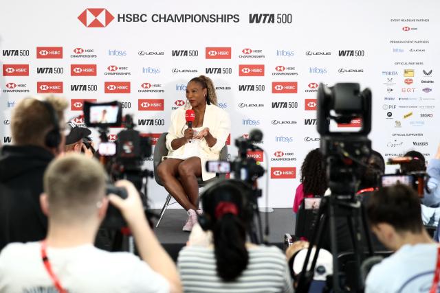 US player Serena Williams holds a press conference on the eve of the HSBC WTA tennis Championships at Queen's Club in west London on June 7, 2026. Serena Williams has confirmed her return to tennis after an absence of nearly four years, with the American great set to compete in women's doubles at Queen's Club this week. (Photo by Henry NICHOLLS / AFP)